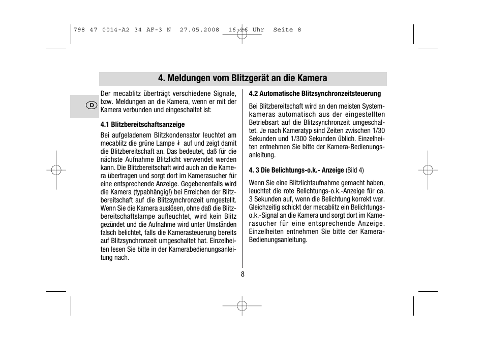 Meldungen vom blitzgerät an die kamera | Metz MECABLITZ 34 AF-3 Nikon User Manual | Page 8 / 128