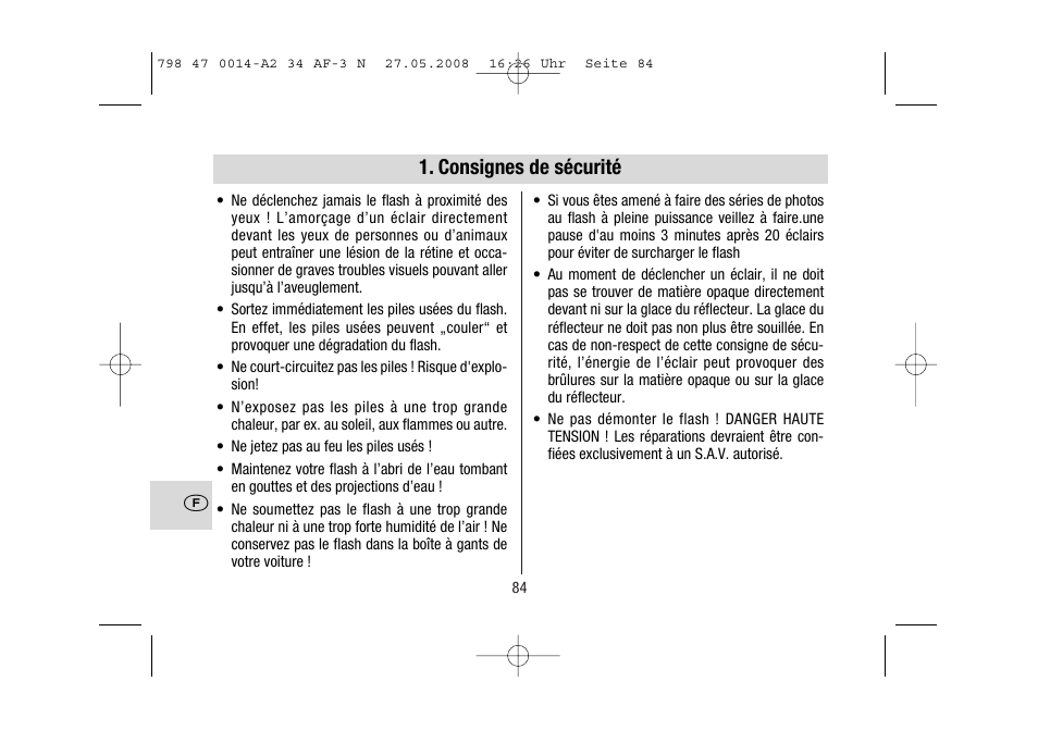 Consignes de sécurité | Metz MECABLITZ 34 AF-3 Nikon User Manual | Page 84 / 128