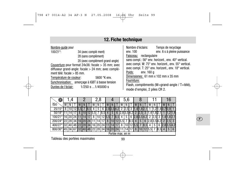 Fiche technique | Metz MECABLITZ 34 AF-3 Nikon User Manual | Page 99 / 128