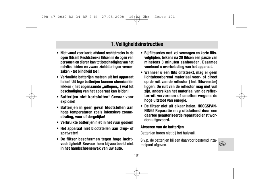 Veiligheidsinstructies | Metz MECABLITZ 34 AF-3 Minolta User Manual | Page 101 / 120