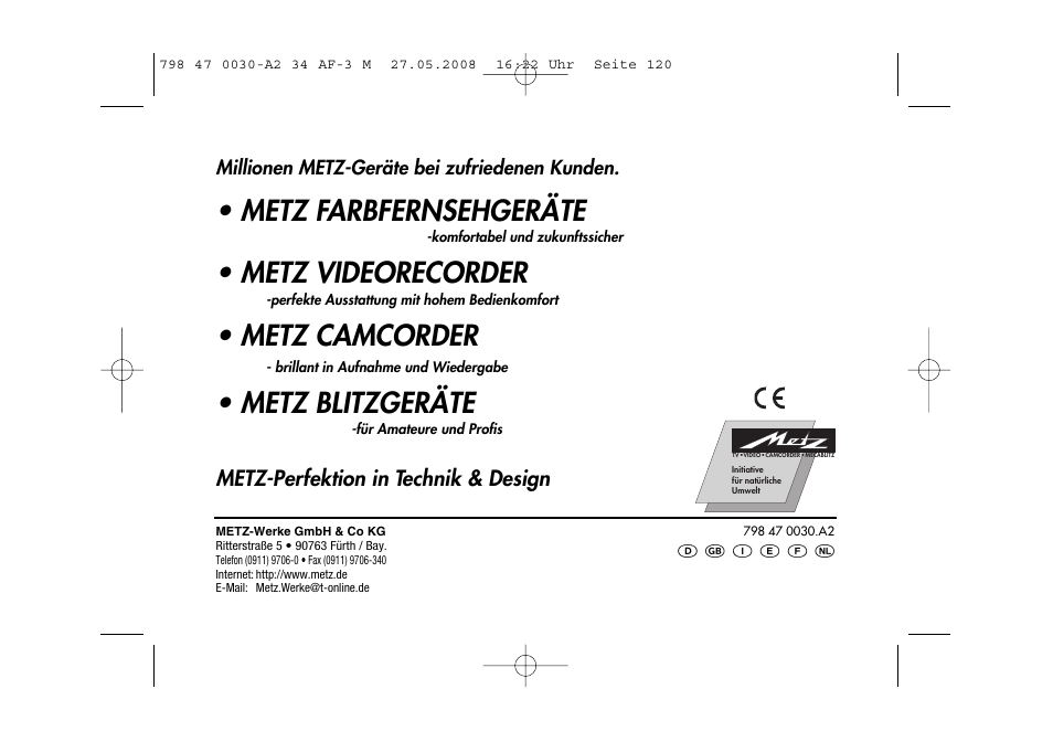 Metz farbfernsehgeräte, Metz videorecorder, Metz camcorder | Metz blitzgeräte | Metz MECABLITZ 34 AF-3 Minolta User Manual | Page 120 / 120