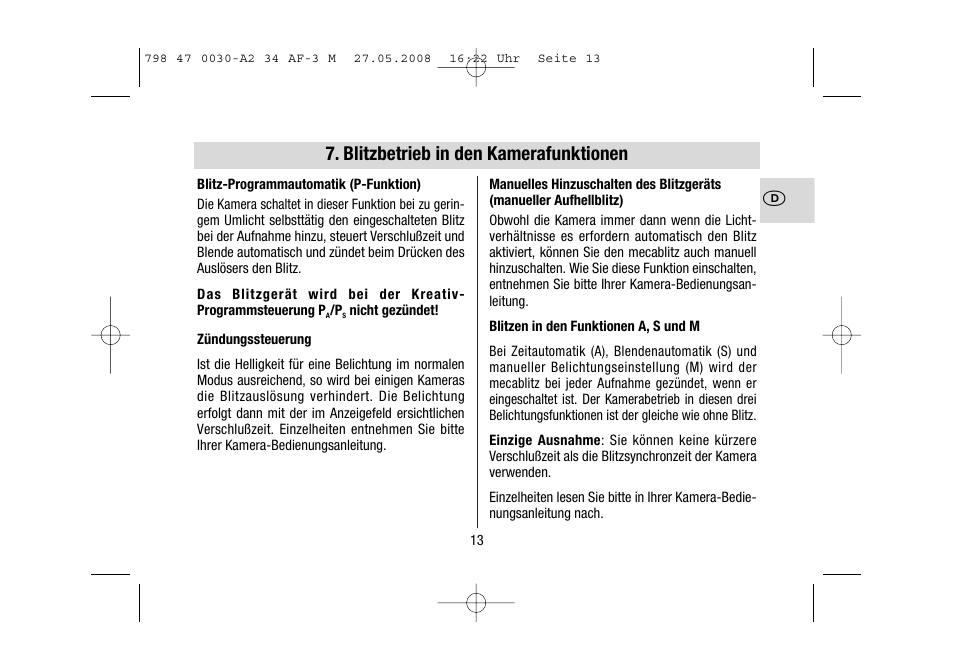 Blitzbetrieb in den kamerafunktionen | Metz MECABLITZ 34 AF-3 Minolta User Manual | Page 13 / 120