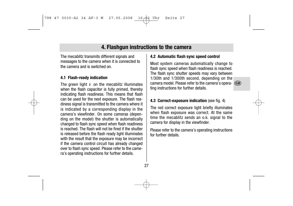 Flashgun instructions to the camera | Metz MECABLITZ 34 AF-3 Minolta User Manual | Page 27 / 120