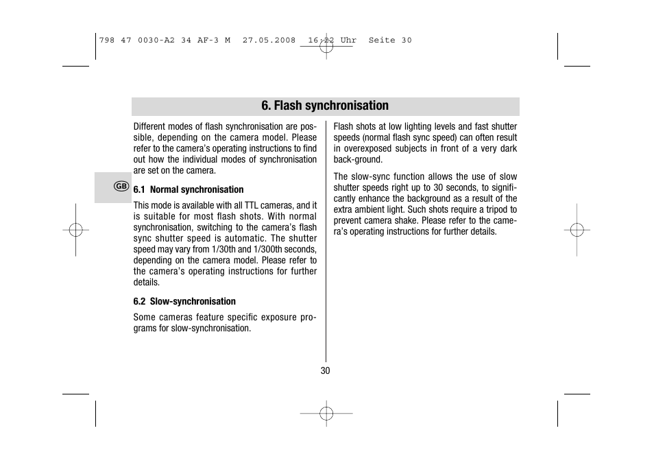 Flash synchronisation | Metz MECABLITZ 34 AF-3 Minolta User Manual | Page 30 / 120