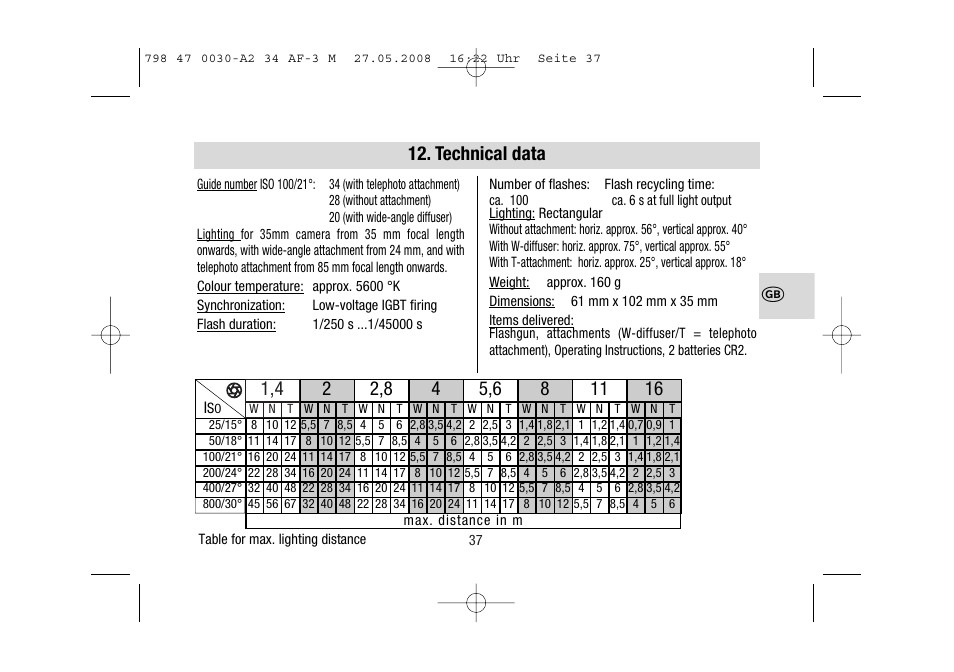 Technical data | Metz MECABLITZ 34 AF-3 Minolta User Manual | Page 37 / 120