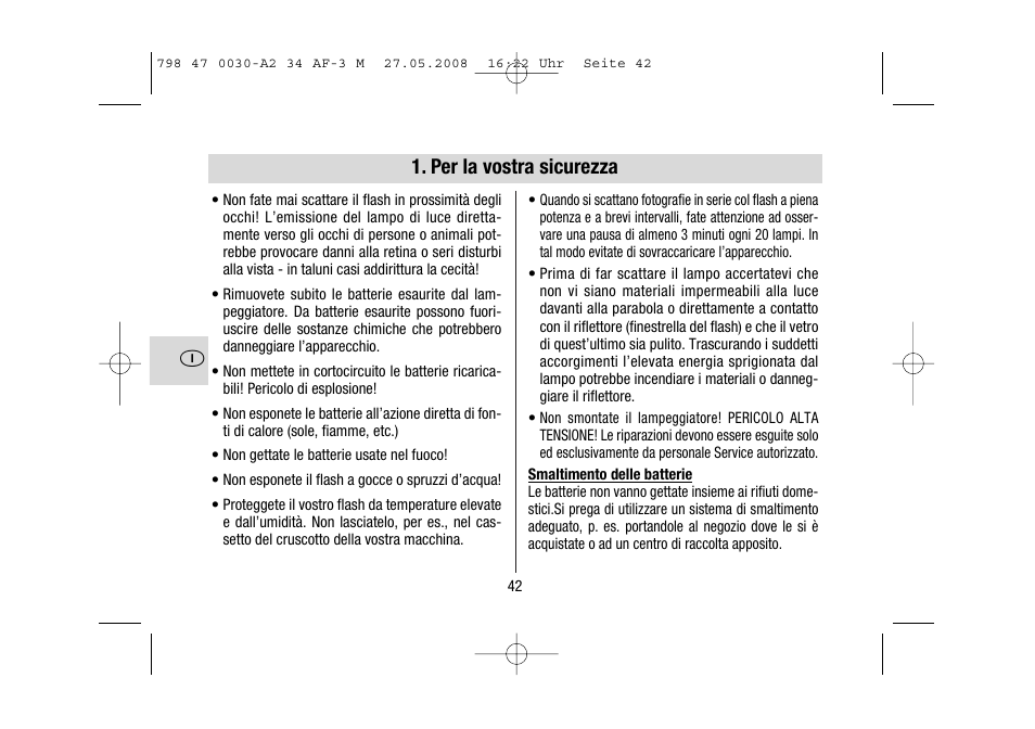 Per la vostra sicurezza | Metz MECABLITZ 34 AF-3 Minolta User Manual | Page 42 / 120