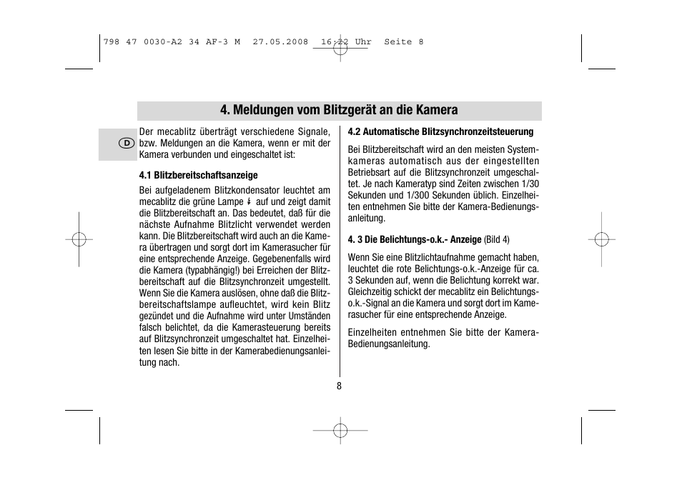 Meldungen vom blitzgerät an die kamera | Metz MECABLITZ 34 AF-3 Minolta User Manual | Page 8 / 120