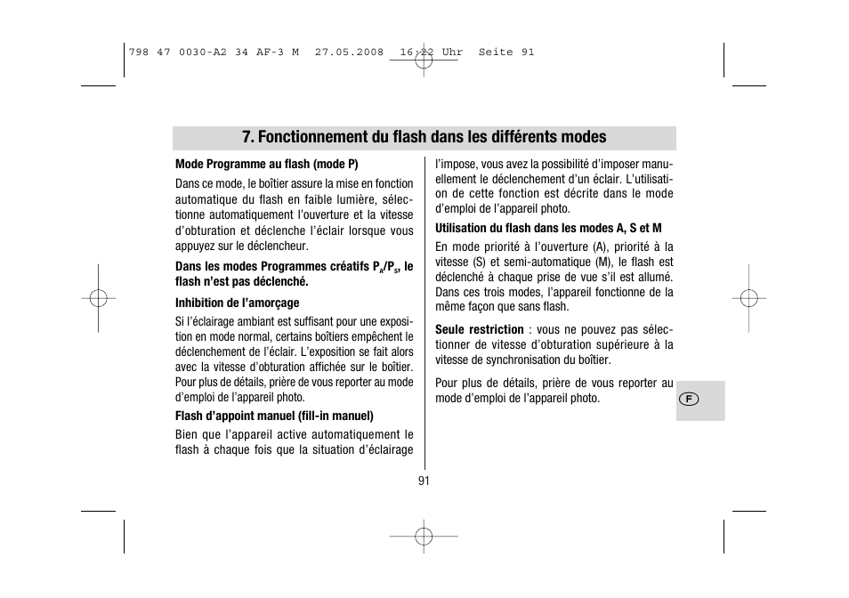 Fonctionnement du flash dans les différents modes | Metz MECABLITZ 34 AF-3 Minolta User Manual | Page 91 / 120