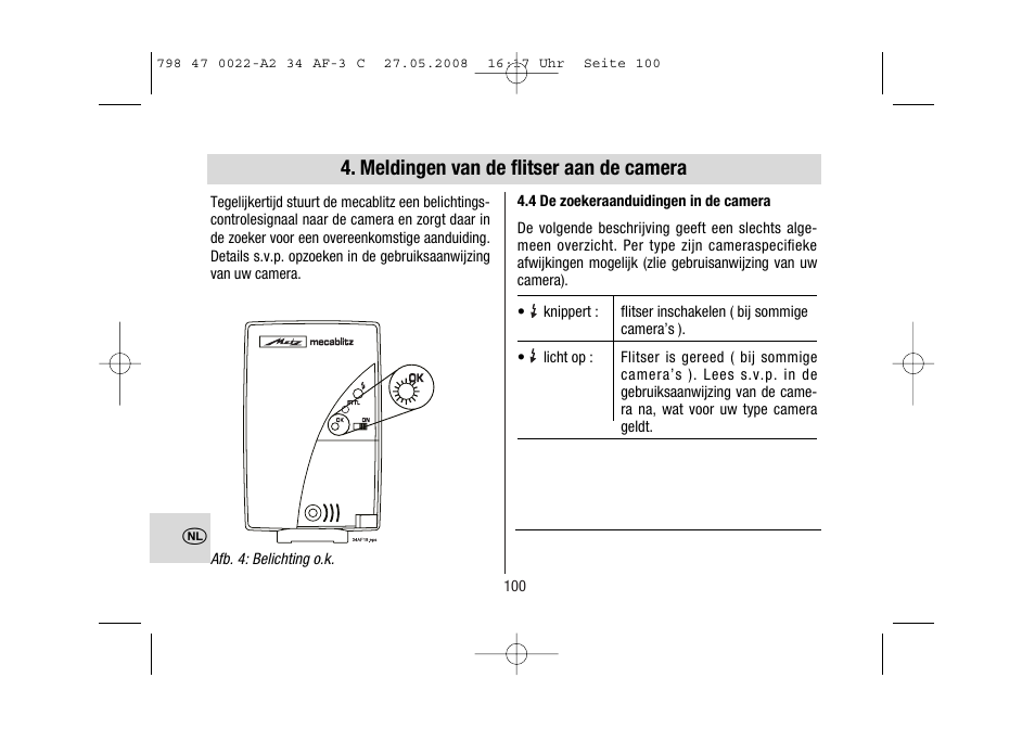 Meldingen van de flitser aan de camera | Metz MECABLITZ 34 AF-3 Canon User Manual | Page 100 / 112