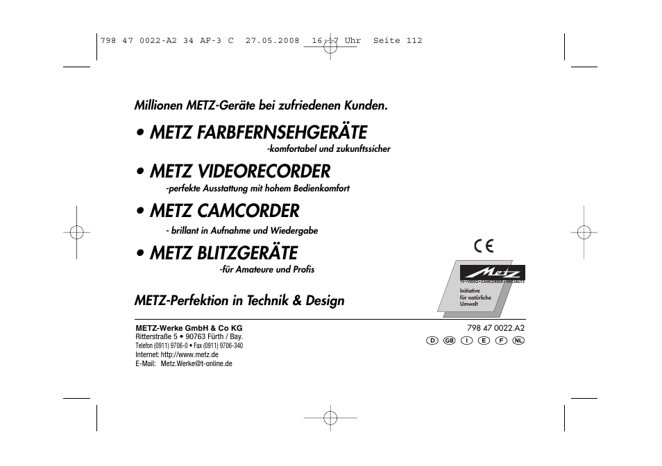 Metz farbfernsehgeräte, Metz videorecorder, Metz camcorder | Metz blitzgeräte | Metz MECABLITZ 34 AF-3 Canon User Manual | Page 112 / 112