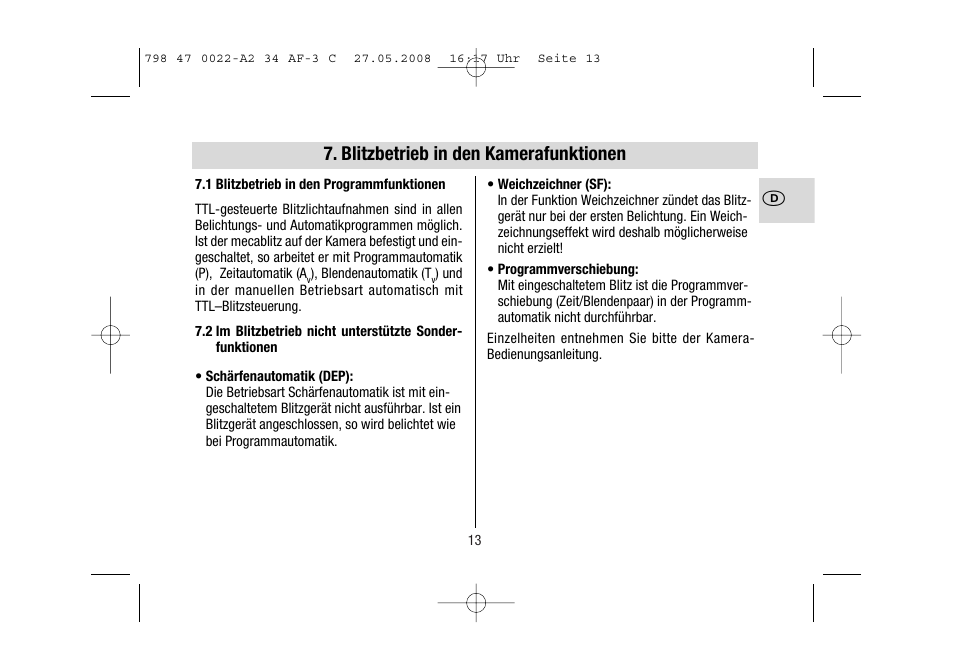 Blitzbetrieb in den kamerafunktionen | Metz MECABLITZ 34 AF-3 Canon User Manual | Page 13 / 112