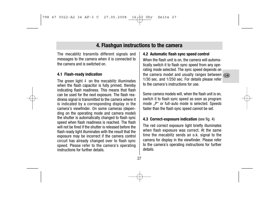 Flashgun instructions to the camera | Metz MECABLITZ 34 AF-3 Canon User Manual | Page 27 / 112