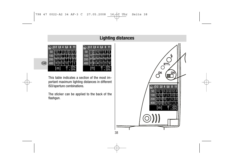 Lighting distances | Metz MECABLITZ 34 AF-3 Canon User Manual | Page 38 / 112