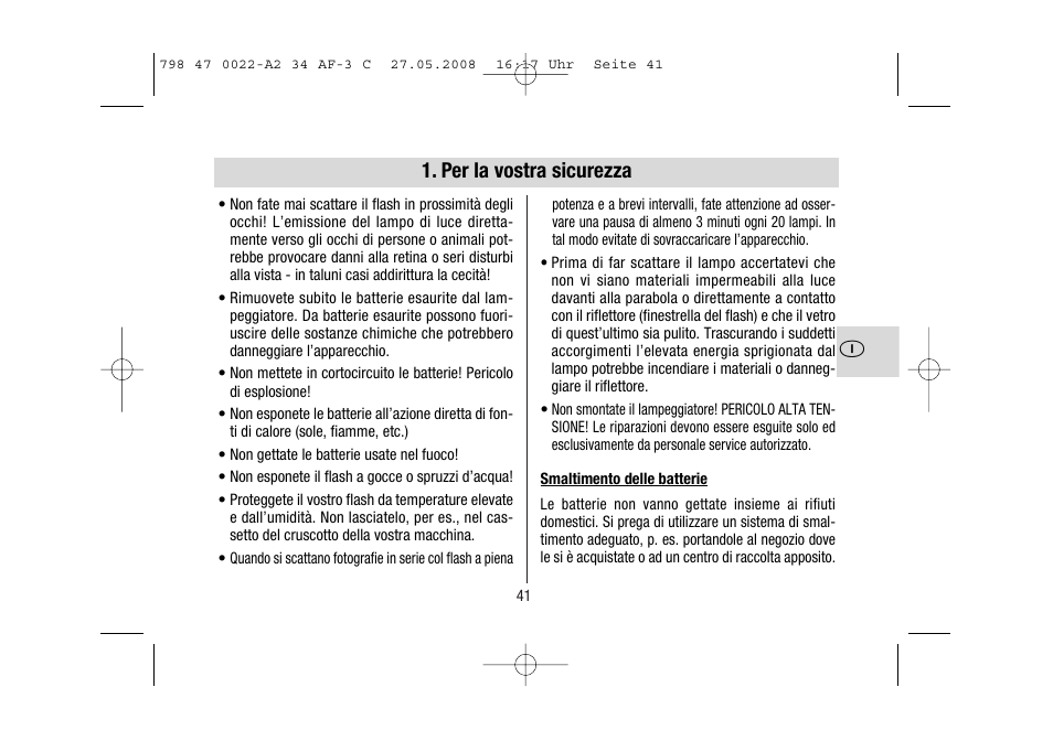 Per la vostra sicurezza | Metz MECABLITZ 34 AF-3 Canon User Manual | Page 41 / 112