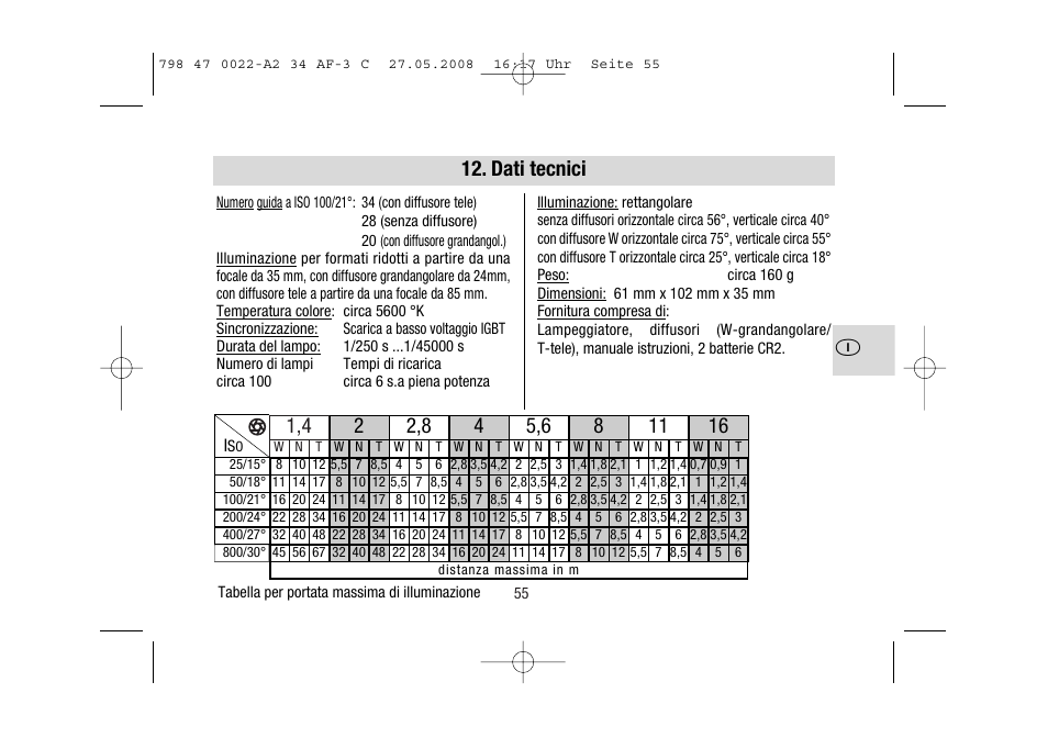 Dati tecnici | Metz MECABLITZ 34 AF-3 Canon User Manual | Page 55 / 112