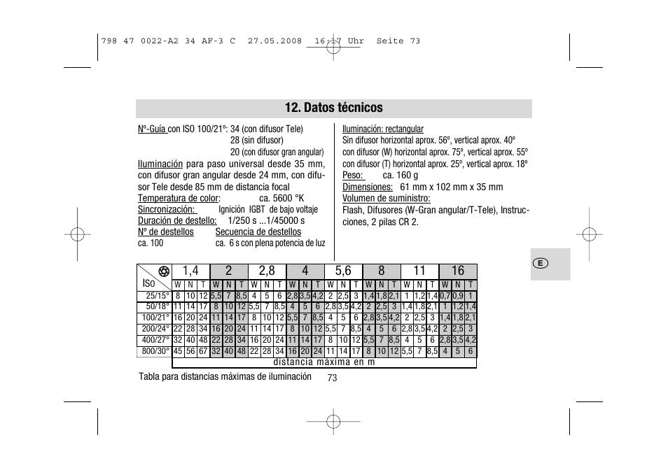 Datos técnicos | Metz MECABLITZ 34 AF-3 Canon User Manual | Page 73 / 112