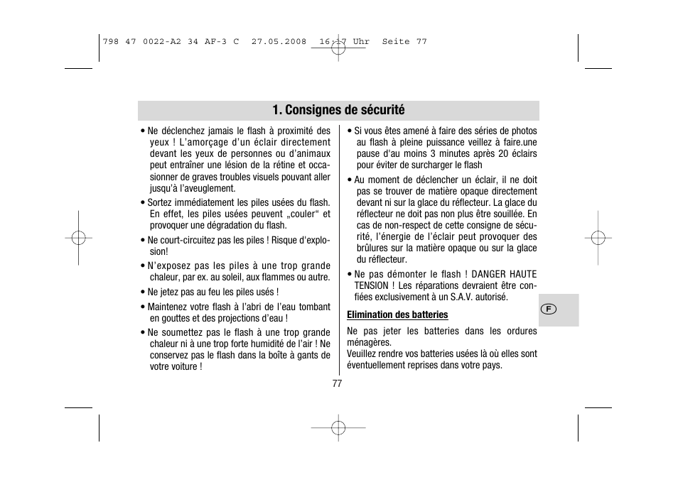 Consignes de sécurité | Metz MECABLITZ 34 AF-3 Canon User Manual | Page 77 / 112