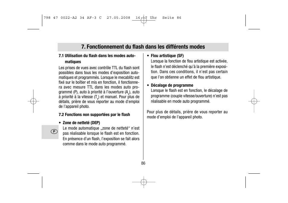 Fonctionnement du flash dans les différents modes | Metz MECABLITZ 34 AF-3 Canon User Manual | Page 86 / 112