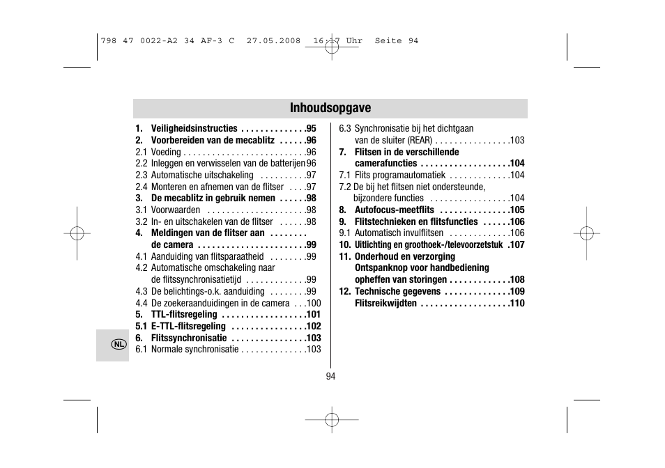 Inhoudsopgave | Metz MECABLITZ 34 AF-3 Canon User Manual | Page 94 / 112