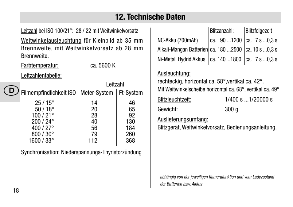 Technische daten | Metz MECABLITZ 28 AF-4 Minolta User Manual | Page 18 / 76