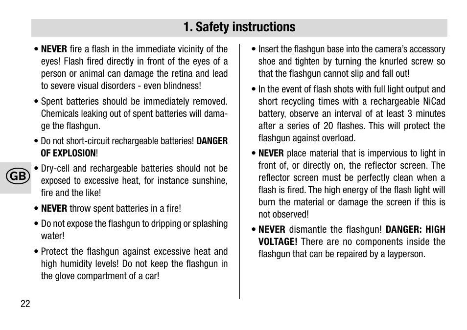 Safety instructions | Metz MECABLITZ 28 AF-4 Minolta User Manual | Page 22 / 76