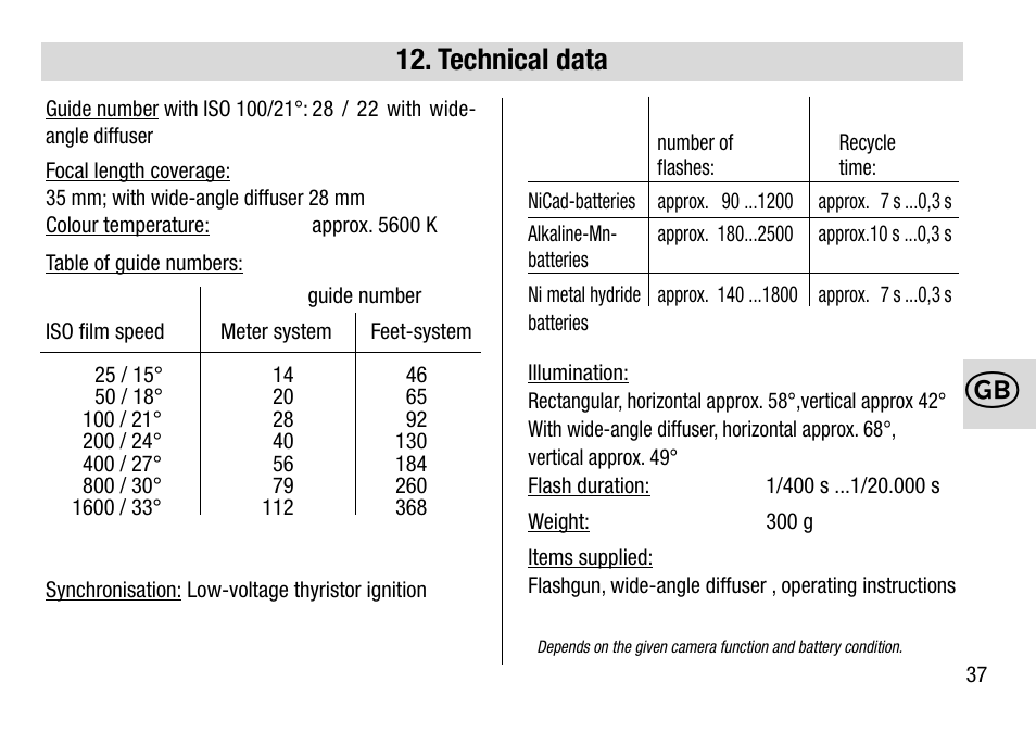 Technical data | Metz MECABLITZ 28 AF-4 Minolta User Manual | Page 37 / 76