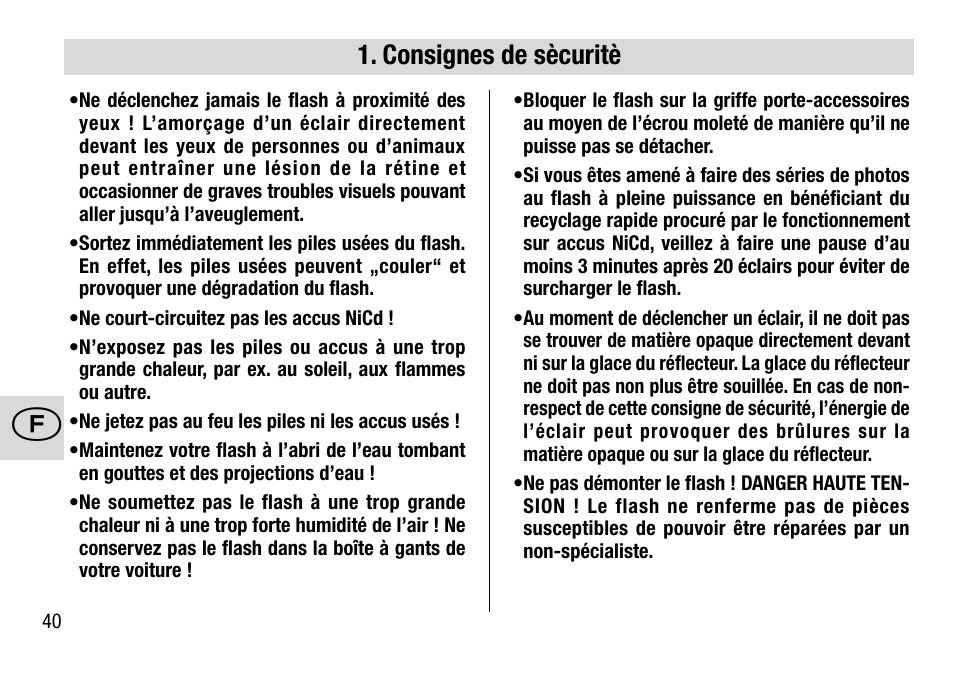 Consignes de sècuritè | Metz MECABLITZ 28 AF-4 Minolta User Manual | Page 40 / 76