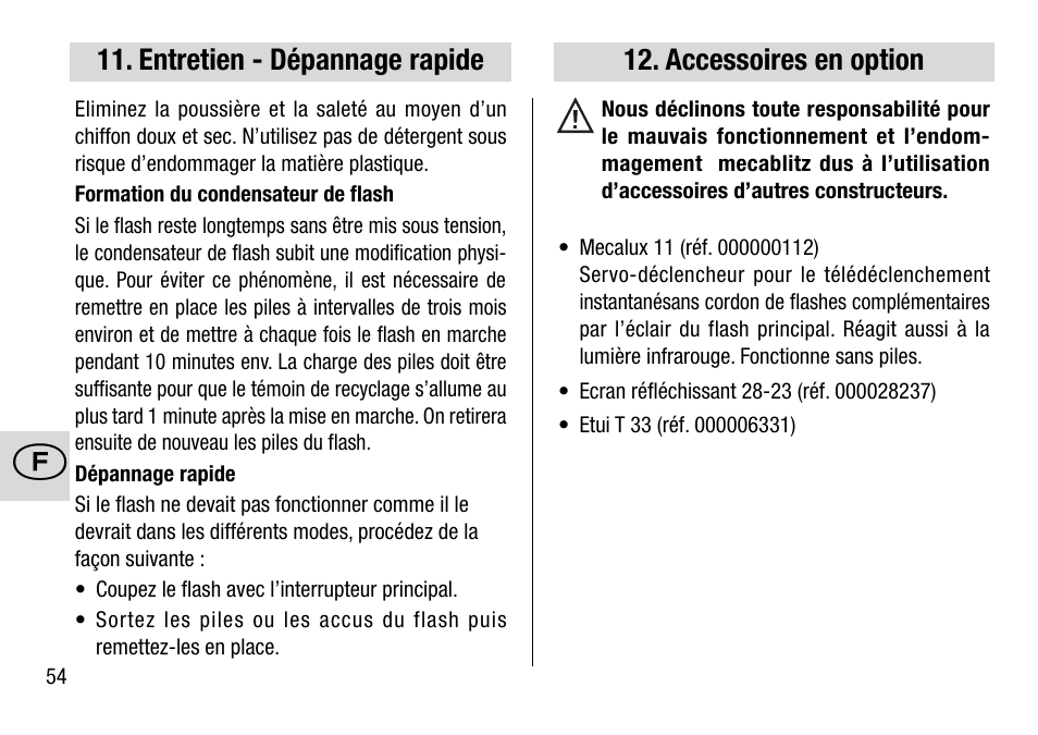 Entretien - dépannage rapide, Accessoires en option | Metz MECABLITZ 28 AF-4 Minolta User Manual | Page 54 / 76