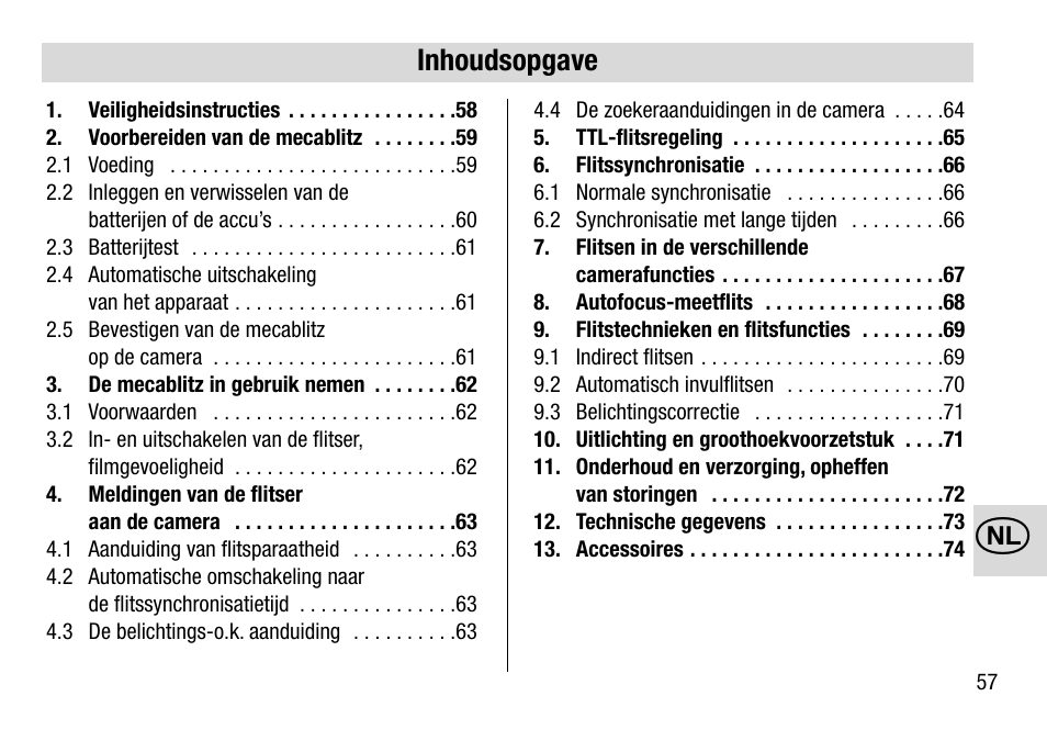 Inhoudsopgave | Metz MECABLITZ 28 AF-4 Minolta User Manual | Page 57 / 76