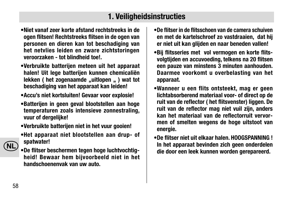 Veiligheidsinstructies | Metz MECABLITZ 28 AF-4 Minolta User Manual | Page 58 / 76