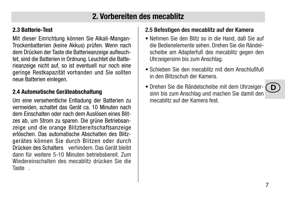 Vorbereiten des mecablitz | Metz MECABLITZ 28 AF-4 Minolta User Manual | Page 7 / 76