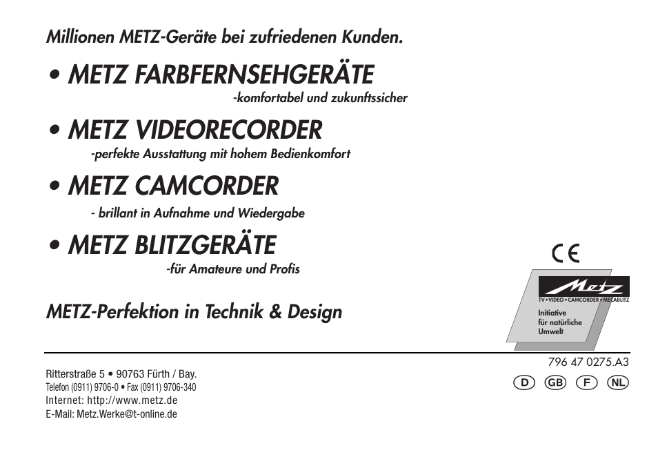 Ķ ķ ĸ ń, Metz farbfernsehgeräte, Metz videorecorder | Metz camcorder, Metz blitzgeräte, Metz-perfektion in technik & design | Metz MECABLITZ 28 AF-4 Minolta User Manual | Page 76 / 76