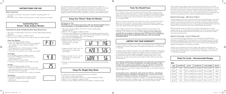 Facts you should know, Limited ten year warranty, Using your thinner | Body fat monitor, Using the weight-only mode, Instructions for use, Customizing your thinner, Body analysis monitor, Body fat levels – recommended ranges | Conair TH313 User Manual | Page 2 / 2