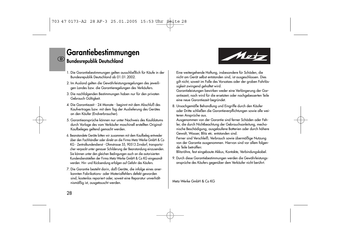 Garantiebestimmungen | Metz MECABLITZ 28 AF-3 digital User Manual | Page 28 / 162
