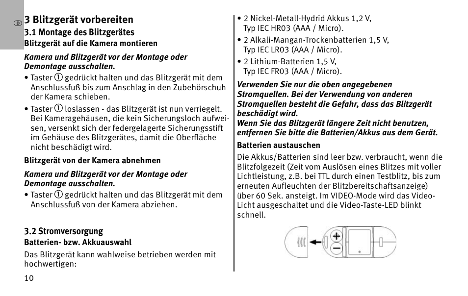 J 3 blitzgerät vorbereiten | Metz MECABLITZ 26 AF-1 digital User Manual | Page 10 / 164