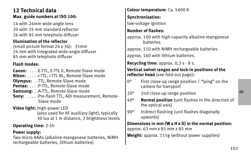 K12 technical data | Metz MECABLITZ 26 AF-1 digital User Manual | Page 103 / 164