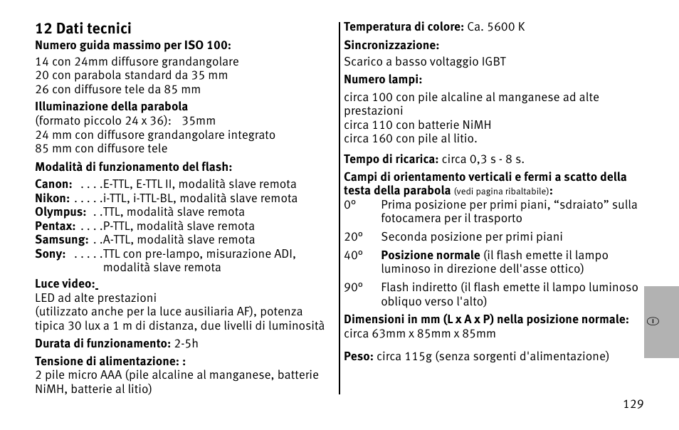 Ö12 dati tecnici | Metz MECABLITZ 26 AF-1 digital User Manual | Page 129 / 164