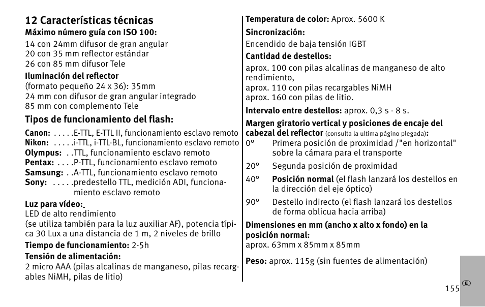 C12 características técnicas | Metz MECABLITZ 26 AF-1 digital User Manual | Page 155 / 164