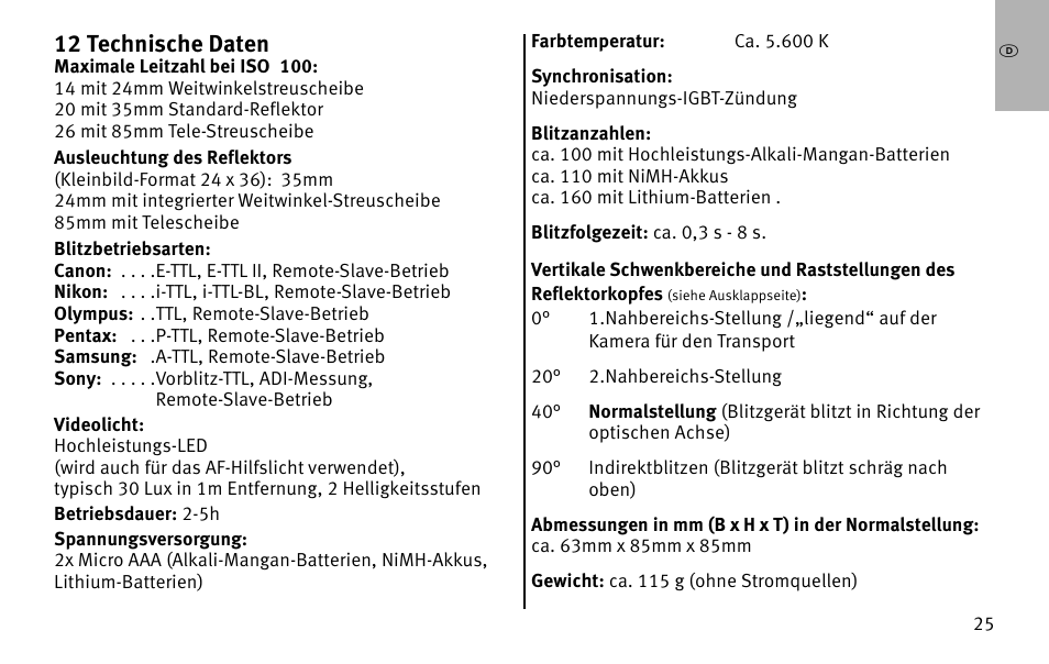 J12 technische daten | Metz MECABLITZ 26 AF-1 digital User Manual | Page 25 / 164