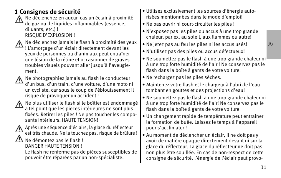 L1 consignes de sécurité | Metz MECABLITZ 26 AF-1 digital User Manual | Page 31 / 164