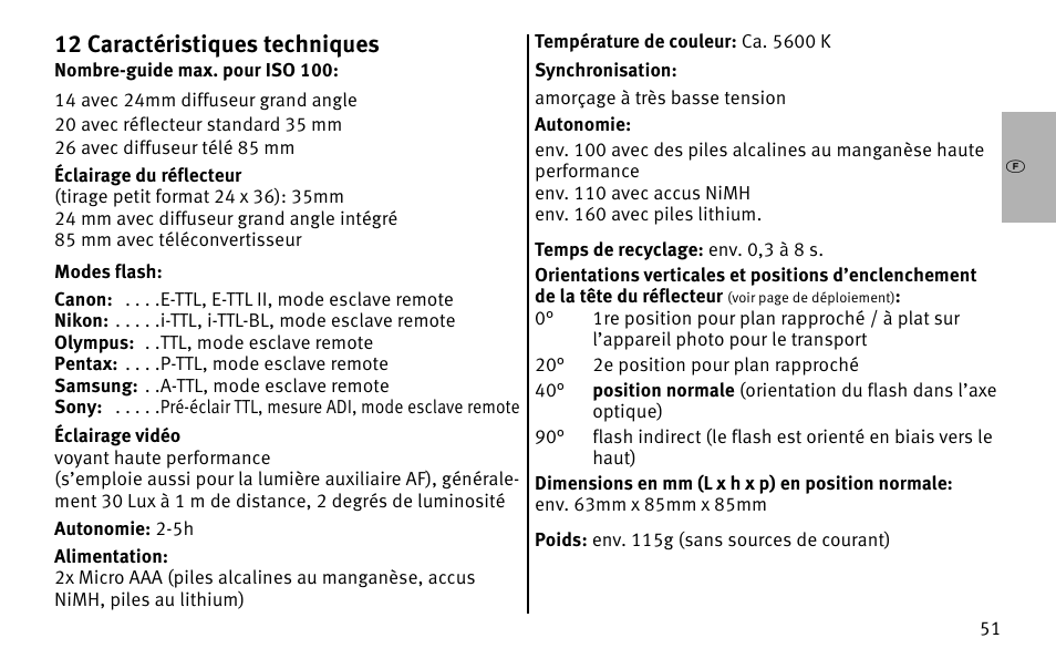 L12 caractéristiques techniques | Metz MECABLITZ 26 AF-1 digital User Manual | Page 51 / 164