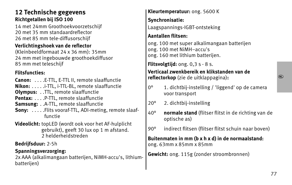 X12 technische gegevens | Metz MECABLITZ 26 AF-1 digital User Manual | Page 77 / 164