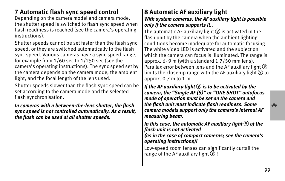 K7 automatic flash sync speed control, 8 automatic af auxiliary light | Metz MECABLITZ 26 AF-1 digital User Manual | Page 99 / 164