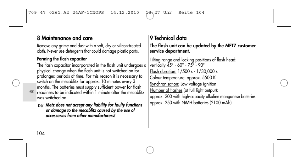 Metz MECABLITZ 24 AF-1 C_N_O_P_S digital User Manual | Page 104 / 164