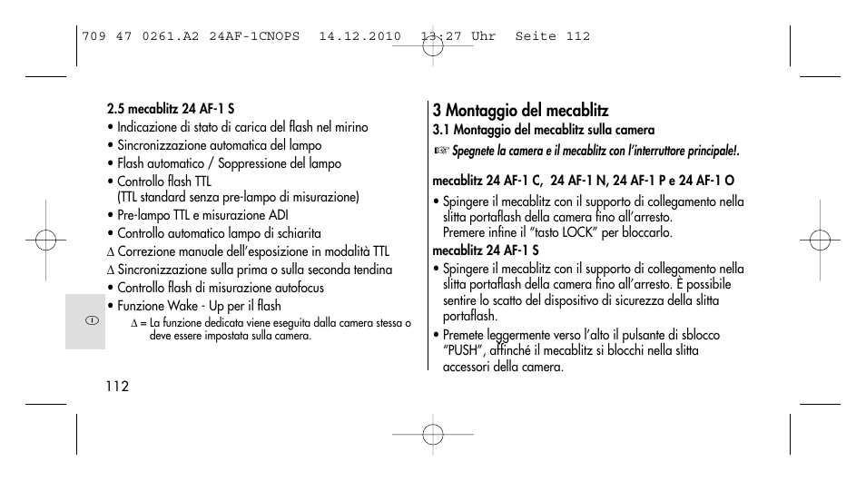 3 montaggio del mecablitz | Metz MECABLITZ 24 AF-1 C_N_O_P_S digital User Manual | Page 112 / 164