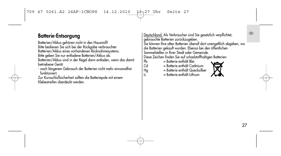 Batterie-entsorgung | Metz MECABLITZ 24 AF-1 C_N_O_P_S digital User Manual | Page 27 / 164