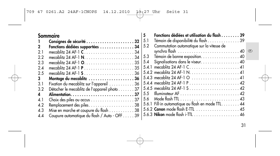 Sommaire | Metz MECABLITZ 24 AF-1 C_N_O_P_S digital User Manual | Page 31 / 164