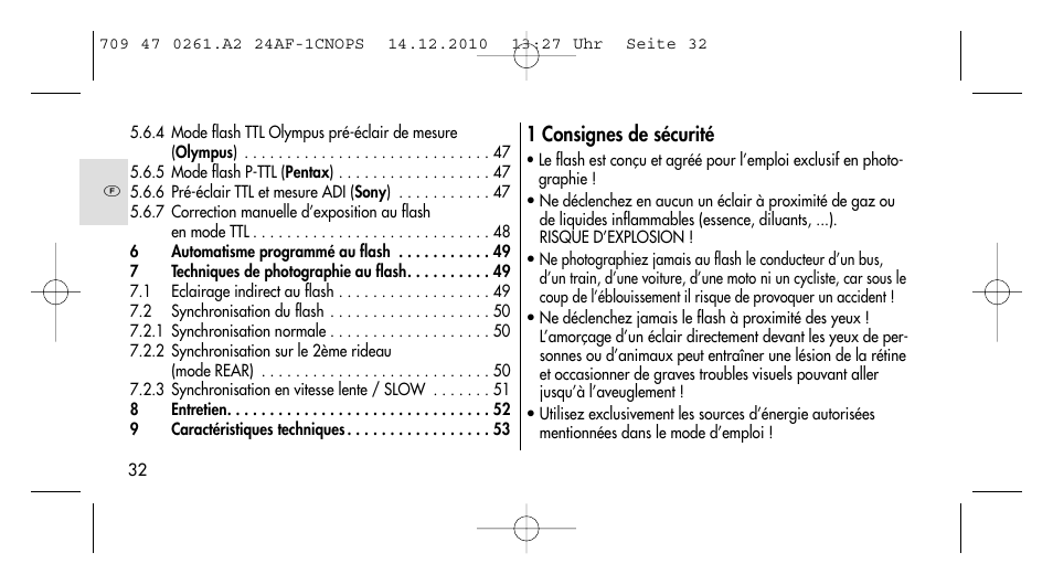 1 consignes de sécurité | Metz MECABLITZ 24 AF-1 C_N_O_P_S digital User Manual | Page 32 / 164