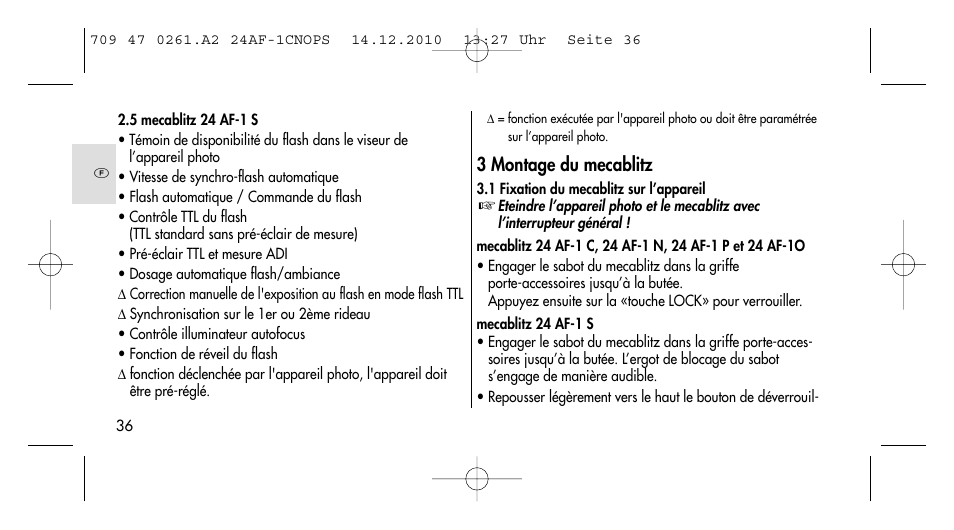 3 montage du mecablitz | Metz MECABLITZ 24 AF-1 C_N_O_P_S digital User Manual | Page 36 / 164