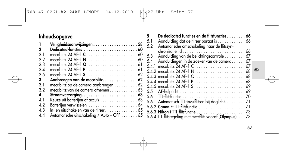 Inhoudsopgave | Metz MECABLITZ 24 AF-1 C_N_O_P_S digital User Manual | Page 57 / 164